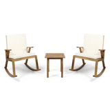 Champlain Outdoor Acacia Wood Rocking Chair Chat Set, Teak and Creams Cushions Noble House