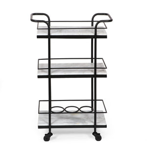Noble House Henri Modern Glam 3 Tier Bar Cart with Marble Shelving, Silver and White
