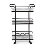 Noble House Henri Modern Glam 3 Tier Bar Cart with Marble Shelving, Silver and White