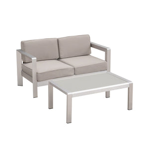 Aviara Outdoor Aluminum Loveseat and Tempered Glass-Topped Coffee Table, Silver and Khaki Noble House