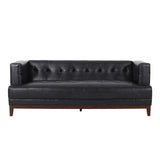 Raintree Mid Century Modern Faux Leather Tufted 3 Seater Sofa, Midnight Black and Espresso Noble House