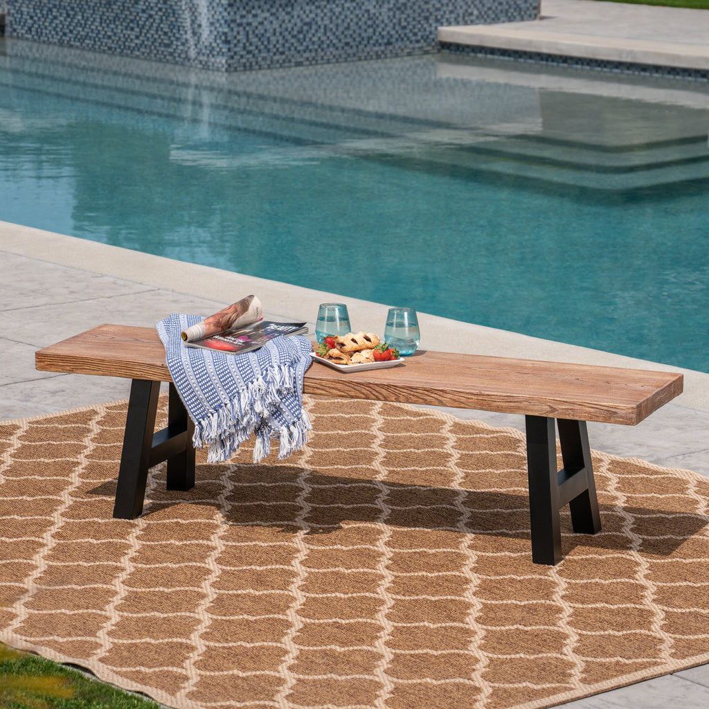 Noble House Lido Outdoor Natural Oak Finish Light Weight Concrete Dining Bench