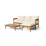 Brooklyn Outdoor Acacia Wood 3 Seater Sofa Chat Set with Ottoman, Teak and Beige