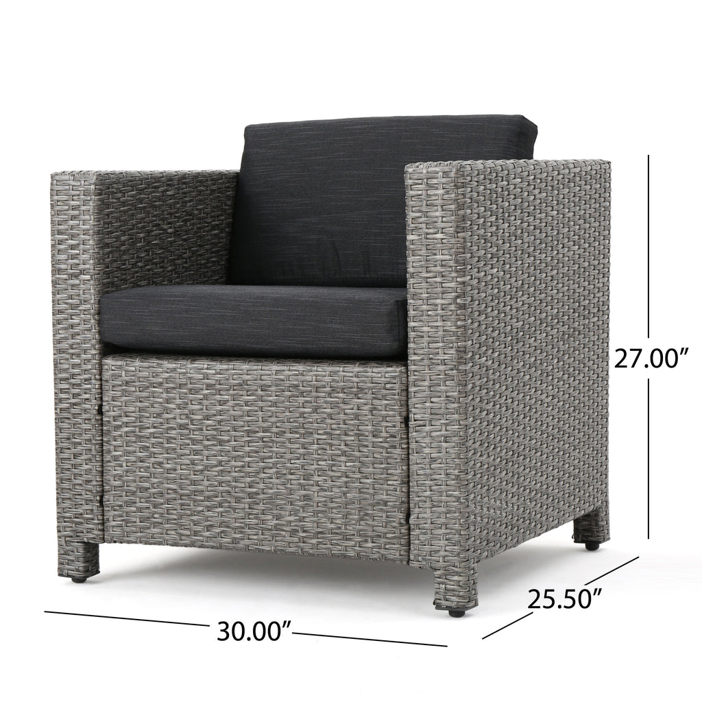 Noble House Puerta Outdoor 4 Piece Dark Grey Wicker Club Chairs with Mixed Black Cushions and 2 Natural Finish  Polymer Blended Wood C-Shaped Tables