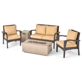 Kalo Outdoor 4 Seater Wicker Chat Set with Fire Pit, Brown and Tan Noble House