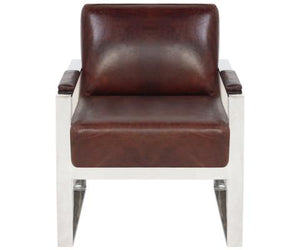 Safavieh Parkgate Chair Occassional Leather Vintage Cigar Brown Polished Stainless Steel Oak Couture KNT5010A 683726357933