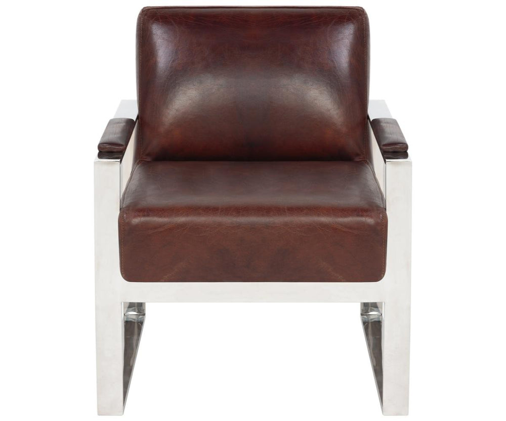 Safavieh Parkgate Chair Occassional Leather Vintage Cigar Brown Polished Stainless Steel Oak Couture KNT5010A 683726357933