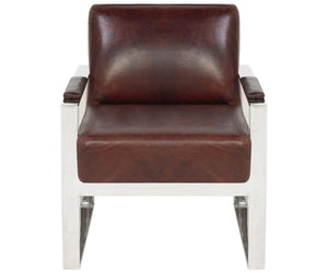Safavieh Parkgate Chair Occassional Leather Vintage Cigar Brown Polished Stainless Steel Oak Couture KNT5010A 683726357933
