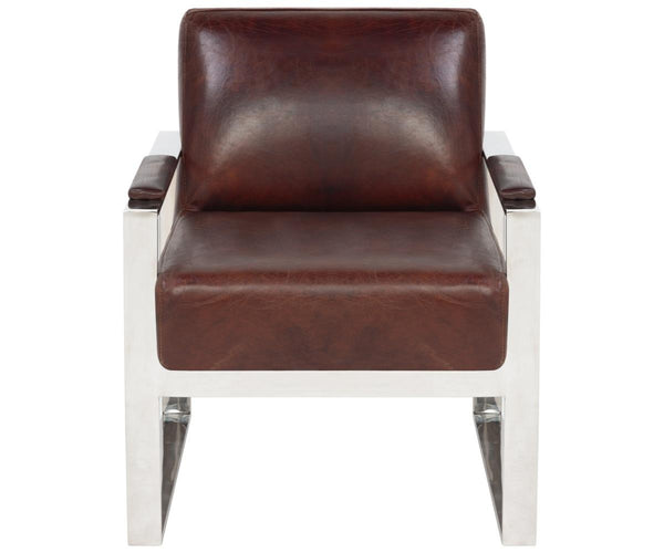 Safavieh Parkgate Chair Occassional Leather Vintage Cigar Brown Polished Stainless Steel Oak Couture KNT5010A 683726357933