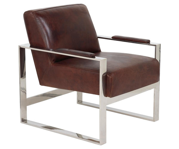 Safavieh Parkgate Chair Occassional Leather Vintage Cigar Brown Polished Stainless Steel Oak Couture KNT5010A 683726357933