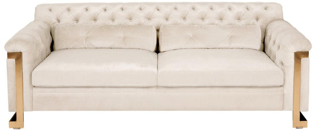 Safavieh Lethbridge Sofa Tufted Velvet White Champagne Gold Stainless Steel Hard Pine Plywood Rayon Polyester Couture KNT7000C 889048080461
