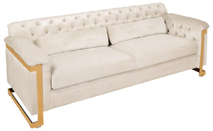 Safavieh Lethbridge Sofa Tufted Velvet White Champagne Gold Stainless Steel Hard Pine Plywood Rayon Polyester Couture KNT7000C 889048080461