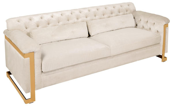 Safavieh Lethbridge Sofa Tufted Velvet White Champagne Gold Stainless Steel Hard Pine Plywood Rayon Polyester Couture KNT7000C 889048080461