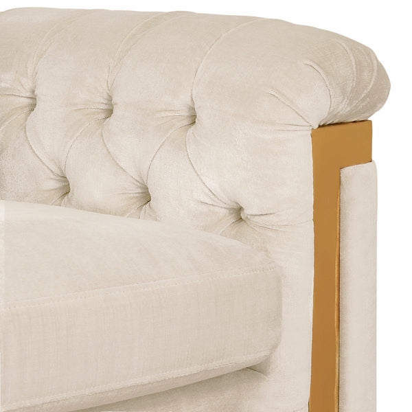 Safavieh Lethbridge Sofa Tufted Velvet White Champagne Gold Stainless Steel Hard Pine Plywood Rayon Polyester Couture KNT7000C 889048080461