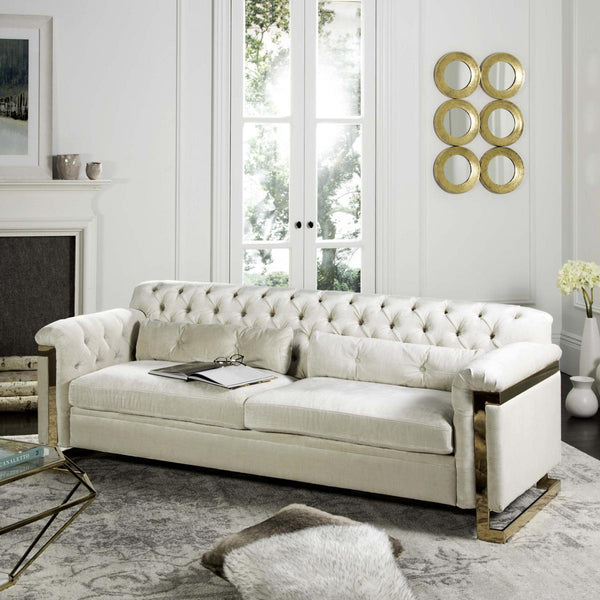 Safavieh Lethbridge Sofa Tufted Velvet White Champagne Gold Stainless Steel Hard Pine Plywood Rayon Polyester Couture KNT7000C 889048080461