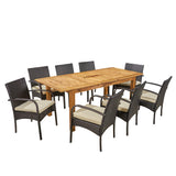 Elmar Outdoor 9 Piece Wood and Wicker Expandable Dining Set