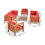 Brava Outdoor 8 Seater Acacia Wood Sofa and Club Chair Set, Teak Finish and Red Noble House