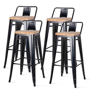 Metropolis Low-Back Bar Stool Set of 4 - Stylish Pine Wood, Sturdy Steel Frame for Modern Spaces