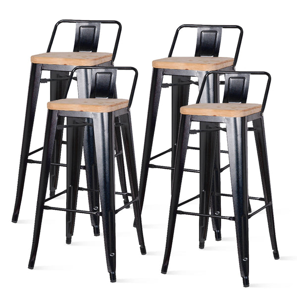 Metropolis Low-Back Bar Stool Set of 4 - Stylish Pine Wood, Sturdy Steel Frame for Modern Spaces