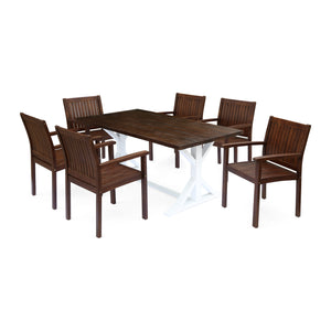 Cassia Outdoor Rustic Farmhouse Acacia Wood 7 Piece Dining Set, Dark Brown and White Noble House