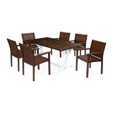 Cassia Outdoor Rustic Farmhouse Acacia Wood 7 Piece Dining Set, Dark Brown and White