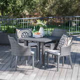 Lenox Outdoor 5 Piece Grey Wicker Square Dining Set with Light Grey Water Resistant Cushions Noble House