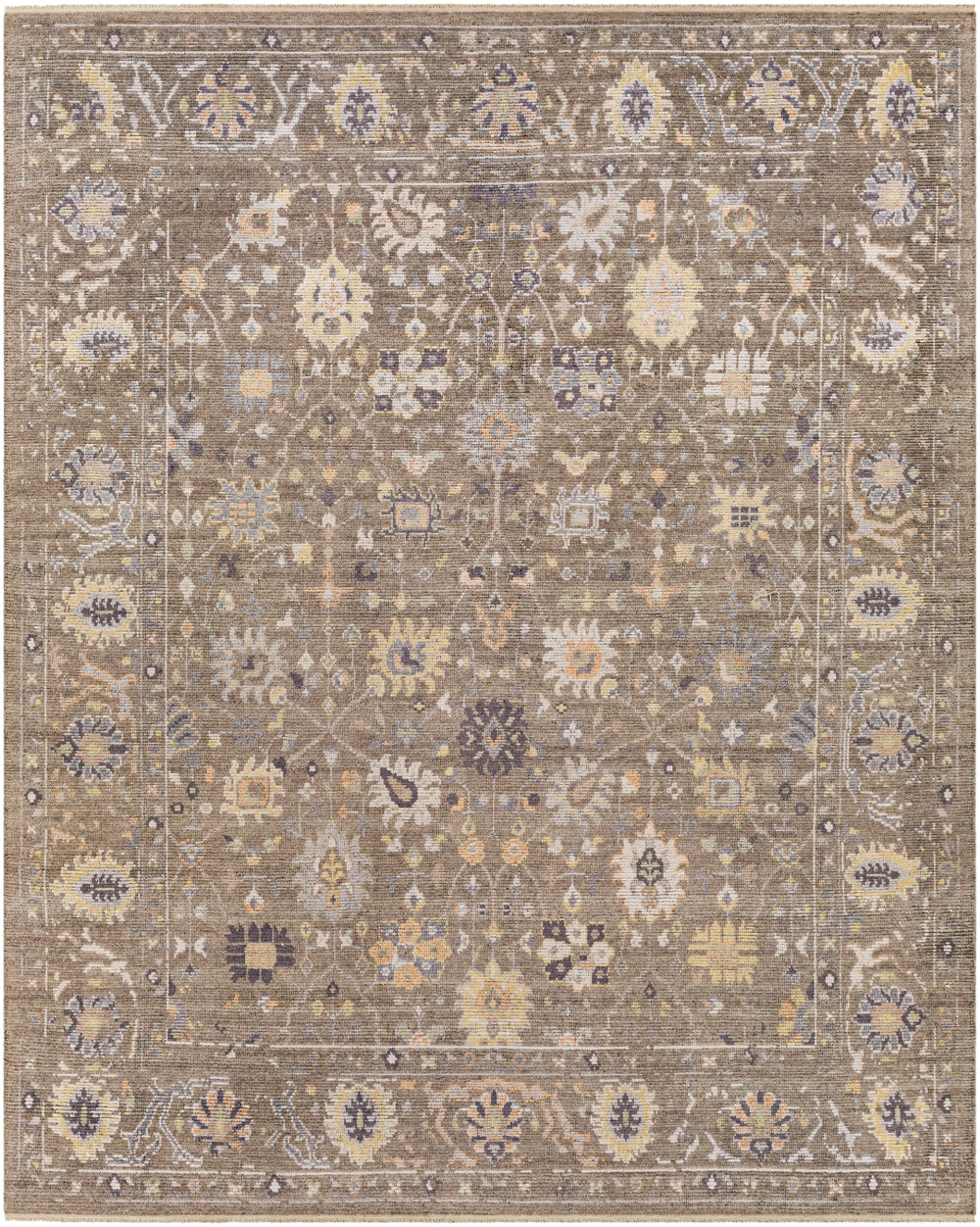 Kushal KUS-2305 Traditional Viscose, Wool Rug KUS2305-81012 Charcoal, Medium Gray, Pale Blue, Wheat, Coral, Cream 70% Viscose, 30% Wool 8'10" x 12'