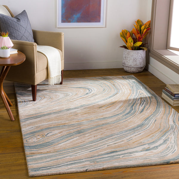 Kavita KVT-2309 Modern Viscose, Wool Rug KVT2309-8RD Camel, Beige, Cream, Teal, Sage 50% Viscose, 50% Wool 8' Round