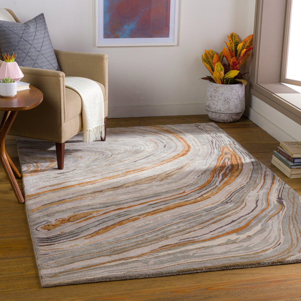 Kavita KVT-2311 Modern Viscose, Wool Rug KVT2311-8RD Charcoal, Dark Brown, Burnt Orange, Medium Gray, Light Gray, Camel, Beige 50% Viscose, 50% Wool 8' Round