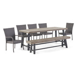 Noble House Lyons Outdoor Rustic Acacia Wood 8 Seater Dining Set with Dining Bench, Gray and Black