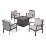 Keana Outdoor 4 Club Chair Chat Set with Fire Pit, Gray and Light Gray Noble House