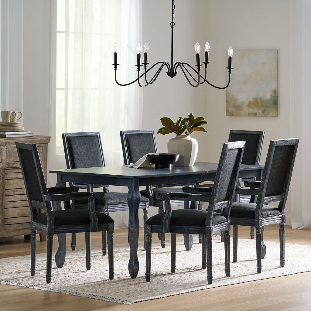 Noble House Marlette French Country Fabric Upholstered Wood Expandable 7 Piece Dining Set, Gray and Black
