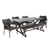 Isola Outdoor 6 Piece Brown Aluminum Dining Set with Bench and Multibrown Wicker Stacking Chairs
