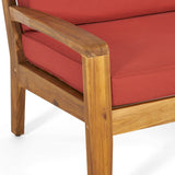 Grenada Loveseat and Coffee Table Set for Patio, Acacia Wood, Teak Finish with Red Outdoor Cushions Noble House