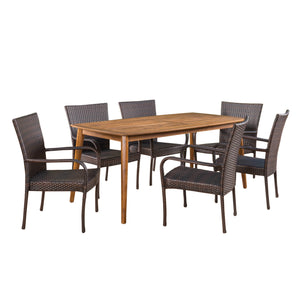Haven Outdoor 7 Piece Multibrown Wicker Dining Set with Teak Finish Rectangular Acacia Wood Dining Table Noble House