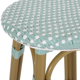 Noble House Starla Outdoor French Aluminum 29.5 Inch Barstools (Set of 4), Light Teal, White, and Bamboo Finish