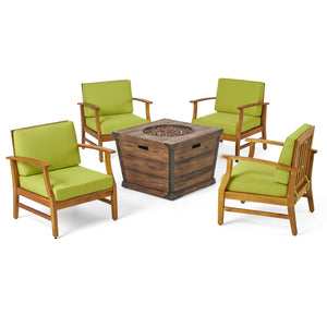 Mark Outdoor 4 Seater Teak Finished Acacia Wood Club Chairs with Green Water Resistant Cushions and Brown Fire Pit Noble House