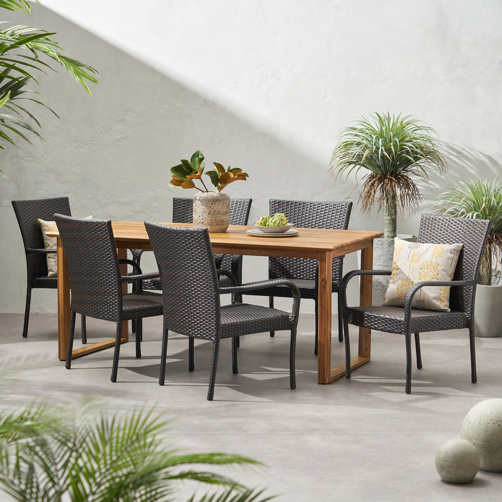 Noble House Nibley Outdoor Acacia Wood and Wicker 7 Piece Dining Set, Teak and Multibrown