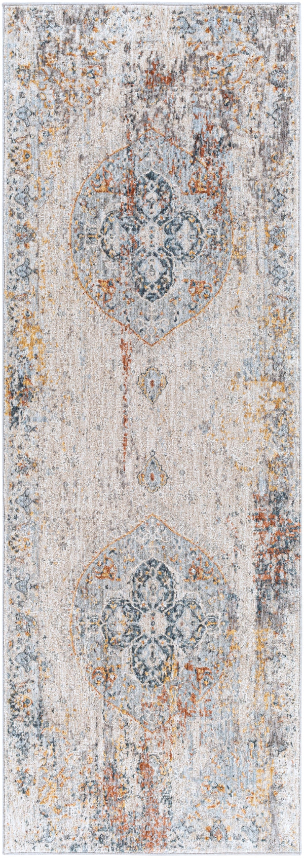 Laila LAA-2306 Traditional Polyester Rug LAA2306-2773 Burnt Orange, Teal, Sage, Charcoal, Medium Gray, Light Gray, Cream, Saffron 100% Polyester 2'7" x 7'3"