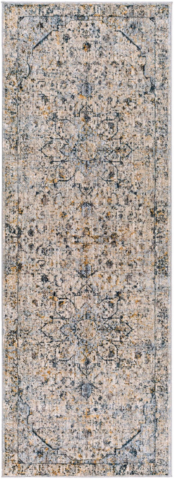 Laila LAA-2311 Traditional Polyester Rug LAA2311-2773 Teal, Sage, Saffron, Charcoal, Medium Gray, Light Gray, Cream 100% Polyester 2'7" x 7'3"