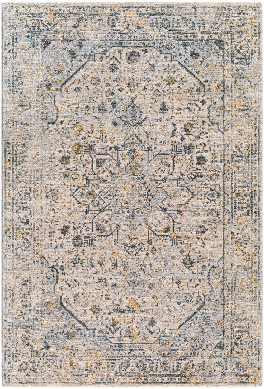 Laila LAA-2311 Traditional Polyester Rug LAA2311-9122 Teal, Sage, Saffron, Charcoal, Medium Gray, Light Gray, Cream 100% Polyester 9' x 12'2"