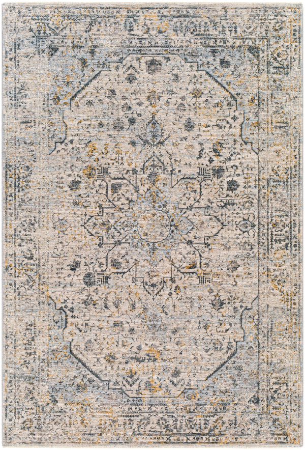 Laila LAA-2311 Traditional Polyester Rug LAA2311-9122 Teal, Sage, Saffron, Charcoal, Medium Gray, Light Gray, Cream 100% Polyester 9' x 12'2"