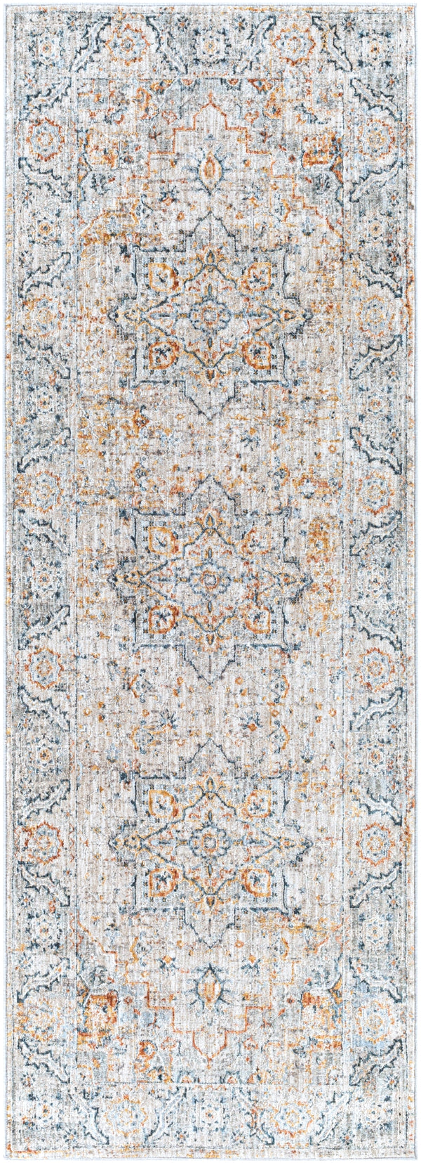 Laila LAA-2312 Traditional Polyester Rug LAA2312-2773 Teal, Sage, Burnt Orange, Saffron, Medium Gray, Light Gray, Cream 100% Polyester 2'7" x 7'3"