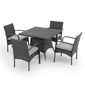 Patterson Outdoor 5 Piece Grey Wicker Dining Set with Cushions Noble House