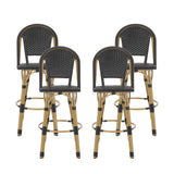 Noble House Shelton Outdoor French Wicker and Aluminum 29.5 Inch Barstools (Set of 4), Black and Bamboo Finish