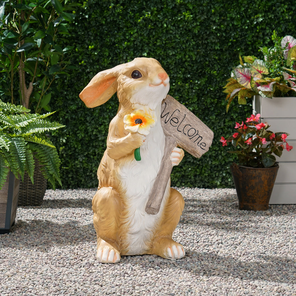 Silverbow Outdoor Rabbit Garden Statue, White and Brown Noble House
