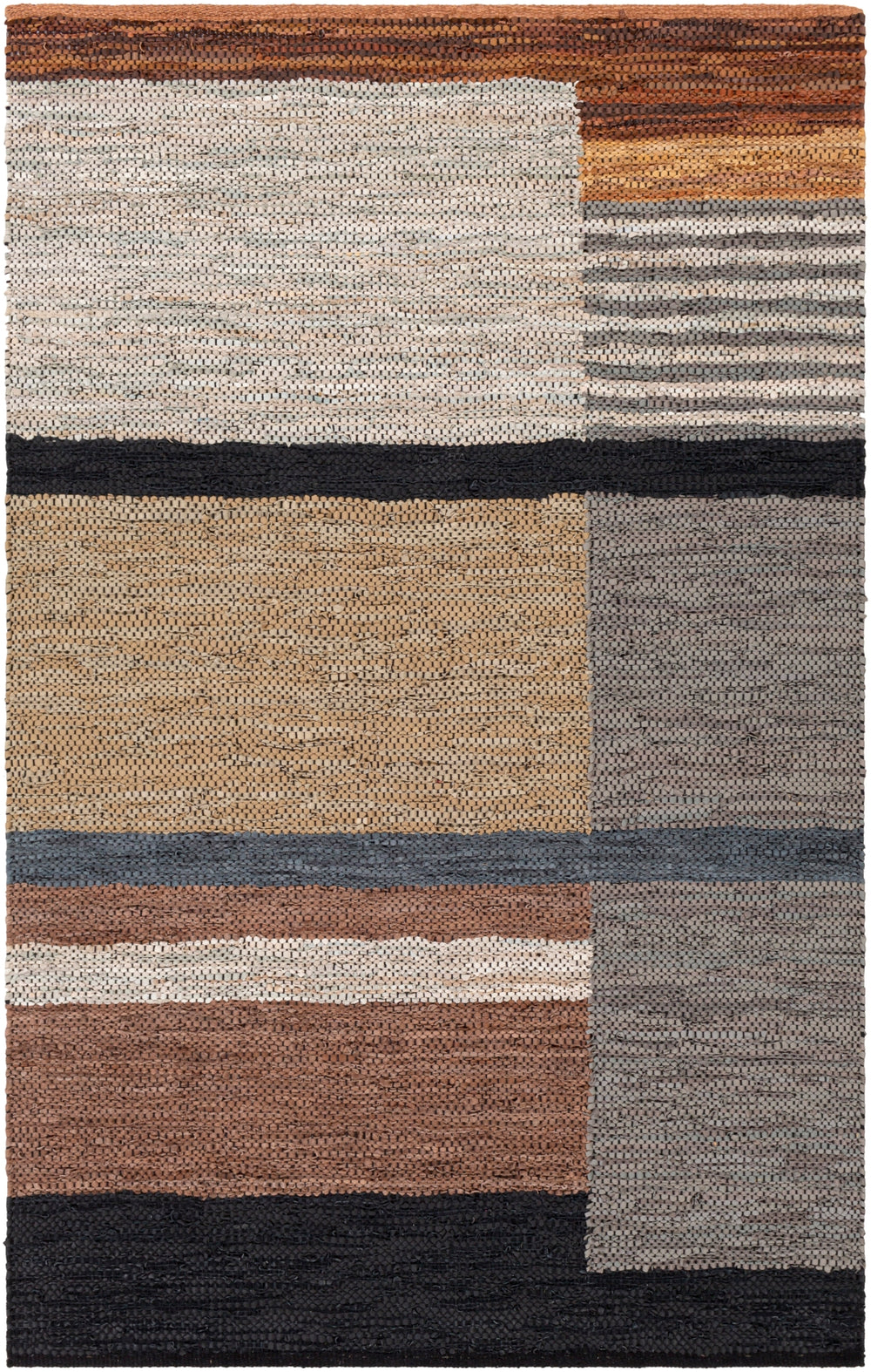 Lexington LEX-2300 Rustic Leather, Cotton Rug LEX2300-81012 Camel, Khaki, Light Gray, Medium Gray, Charcoal, Black, Tan, Dark Brown 80% Leather, 20% Cotton 8'10" x 12'