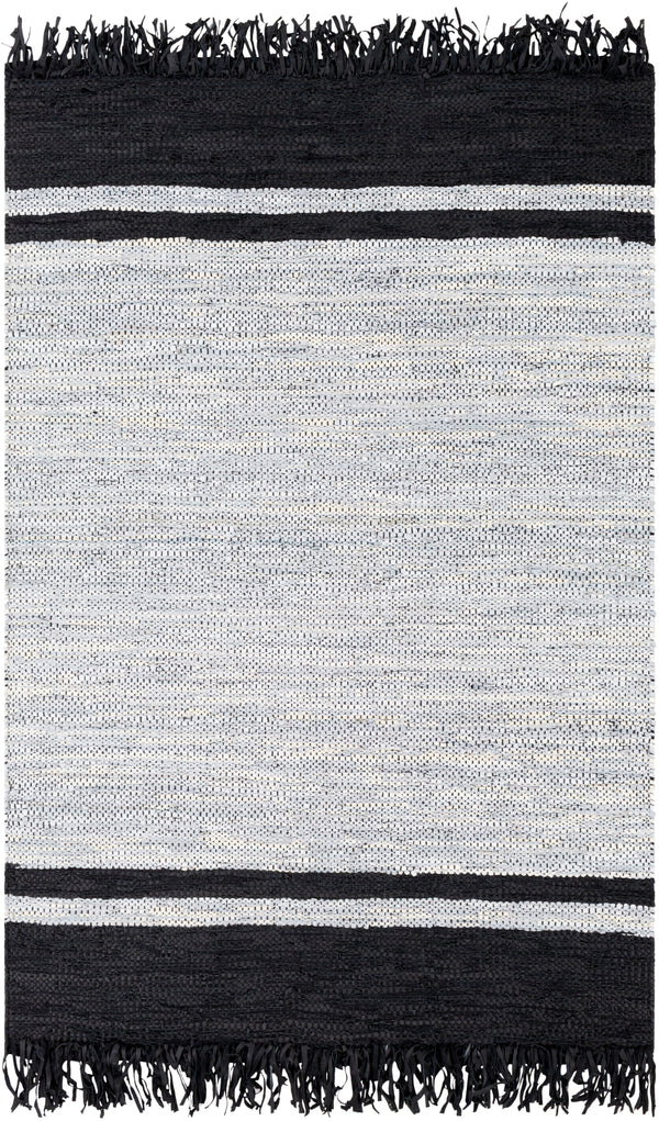 Lexington LEX-2307 Rustic Leather, Cotton Rug LEX2307-576 Black, Light Gray 80% Leather, 20% Cotton 5' x 7'6"