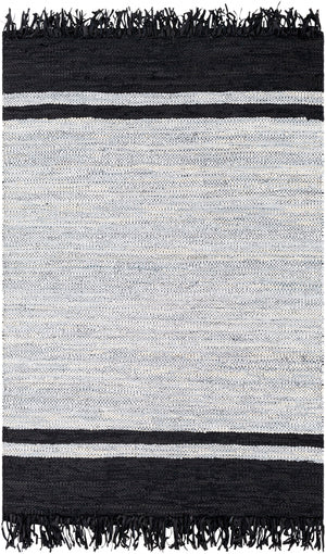 Lexington LEX-2307 Rustic Leather, Cotton Rug LEX2307-576 Black, Light Gray 80% Leather, 20% Cotton 5' x 7'6"