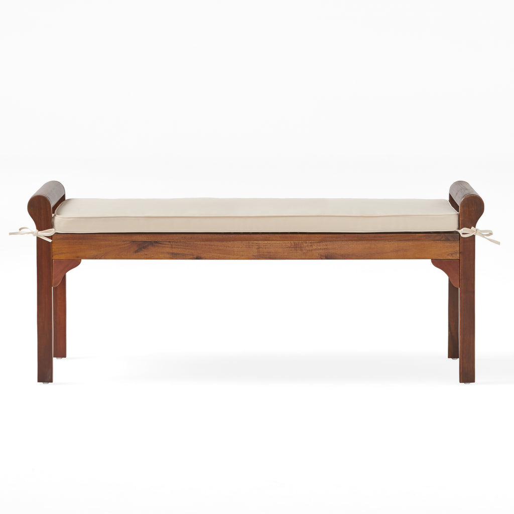 Nelson Rustic Acacia Wood Bench with Cushion, Mahogany and Cream Noble House